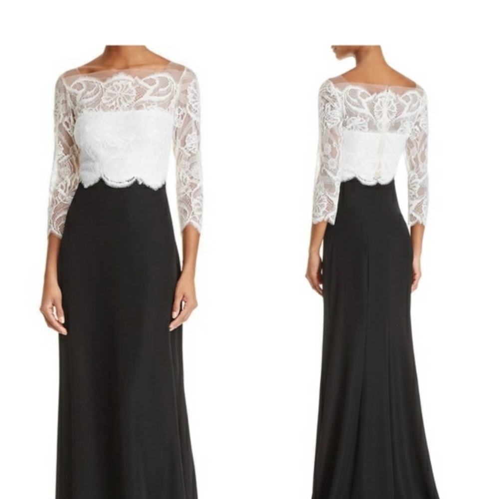 Tadashi Shoji White Lace Bodice Black Long-Sleeve Gown